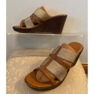 Italian Shoemakers Wedge Sandals Brown & Gold Strappy Slip-On Size 7.5